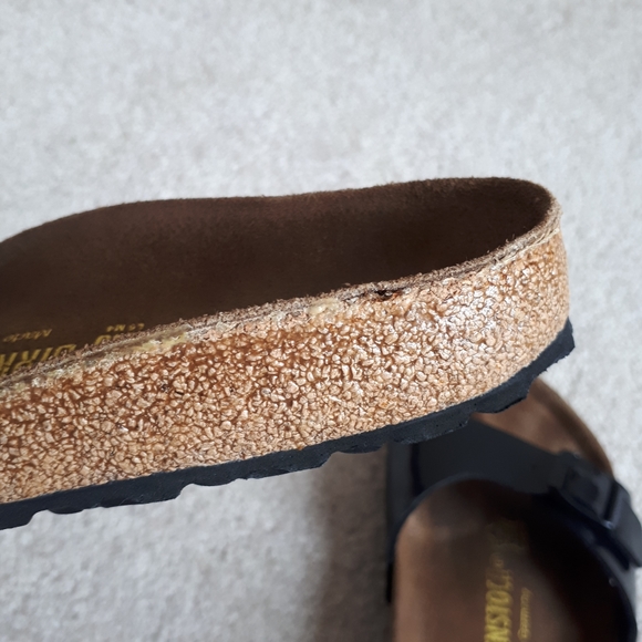 BIRKENSTOCK / 37, 6 / Women's Madrid Patent Faux Leather Cork Sandals - Black - Picture 9 of 10